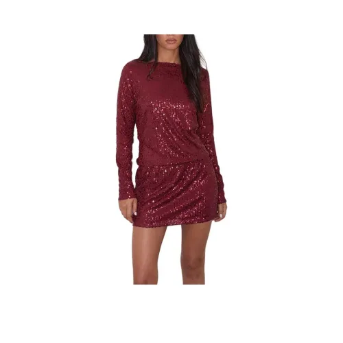 Motel Rocks Jasilia Длинный рукав Мини платье в прозрачном блестящем красном длинном рукаве платье Женское