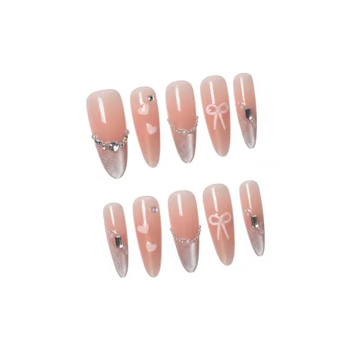 YOUYUYAN Французский Кошачий глаз Градиентный Aurora Ручной рисунок Сердце Бант False Nail Миндально-розовый Smudge Coquette