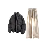 Чёрный хлопковый пуховик + абрикосовые штаны
