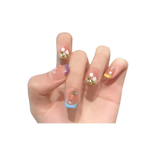 Yun Yue Joe HAND DRAWN Масляная живопись Тюльпан Кошачий глаз False Nail Короткий Цвет макарон Градиентный Милый 15mm