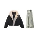 Чёрный + Желтый Грязь Джинсы с Флисовой Подкладкой