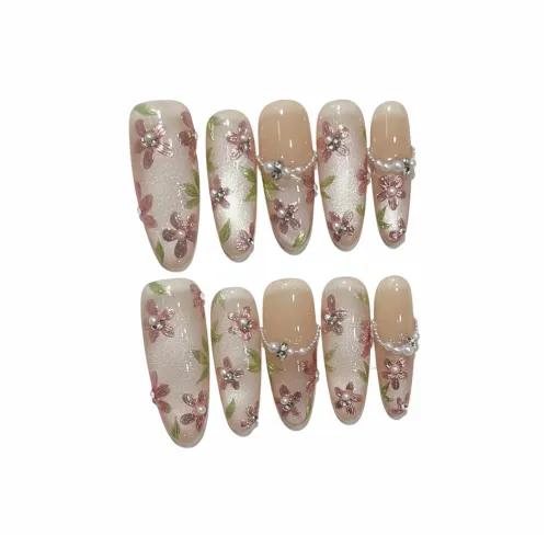 XIAMEIYU Ледяной прозрачный глаз кошки Ручная работа Magic Mirror Маленький цветок Жемчужный Фальшивая ногтей Овальный Телесный Градиентный Французский