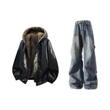 Чёрное пальто + синие штаны