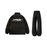 Чёрный хлопковый пуховик + чёрные штаны с флисовой подкладкой