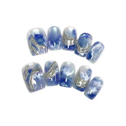 T Z Лето Премиум-синий Позолоченный Кошачий глаз False Nail MID Длина Укороченный Синий и серебристый Smudge Китайский стиль