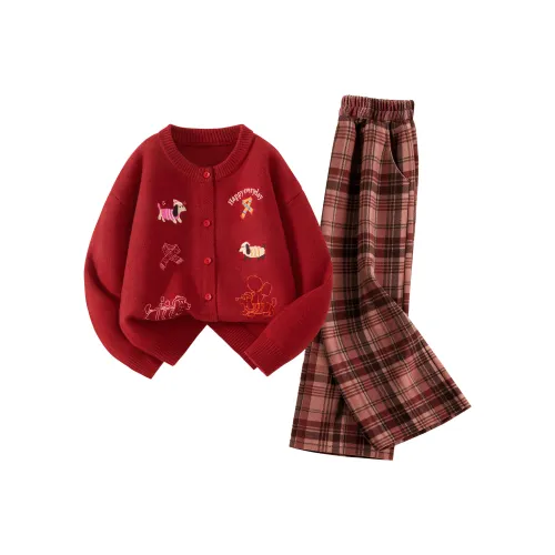 FAIRWHALE [Thickened и с флисовой подкладкой] Однотонный красный + Однотонный красный клетка KIDS Повседневная спортивная одежда