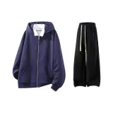 Темно-синий синий свитшот пальто + черные флисовые утепленные спортивные брюки