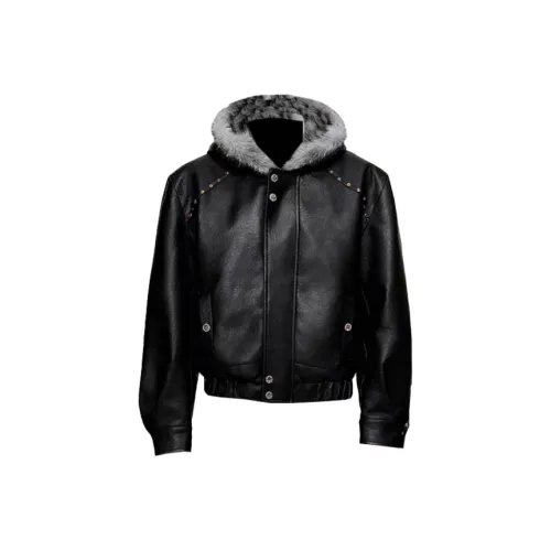 SNEIKLAU Черный [Гора Hawk Riveted С капюшоном] Унисекс Кожаные куртки