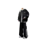 Воротник-стойка Черное Пальто + Три-пуговицы Черные Джинсы + Белые Длинные Брюки