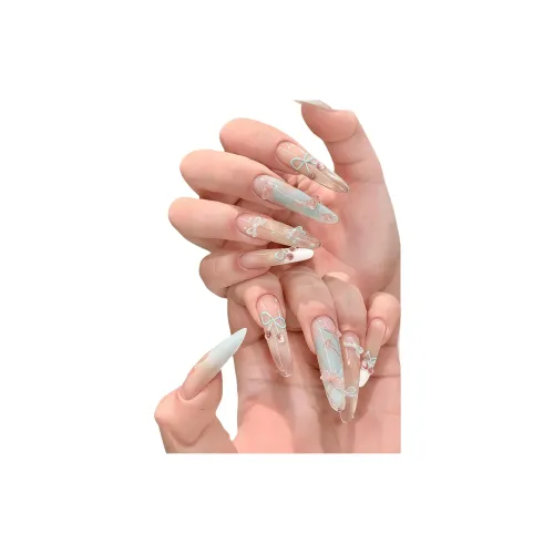 T Z Французский Вишня Девичий Конфетный цвет Бант Дизайн False Nail Миндаль Трапеция Длинный Заостренный Светло-синий