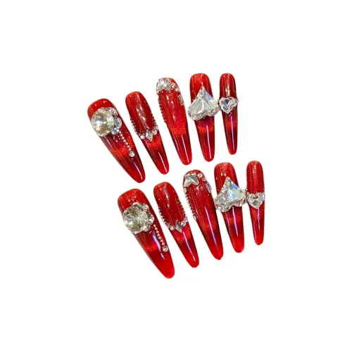 XIAMEIYU Кошачий глаз Процветание Crooked Сердце Ручной Осветляющий False Nail Заостренный Тип Красный Смужка Французский 35 мм