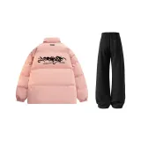 Розовый хлопковый пуховик + черные штаны с флисовой подкладкой