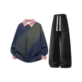 Темно-синий синий топ + черные штаны с флисовой подкладкой