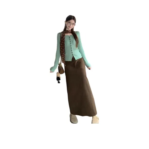 MDEHT Светло-зеленый свитер + шелковый шарф + кофейная юбка женские комплекты с юбкой