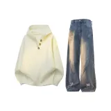 Абрикосовый свитер + винтажные синие штаны