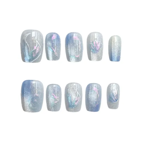 OEING False Nail Короткий LADDER Синий и Серебряный Градиентный Кошачий глаз