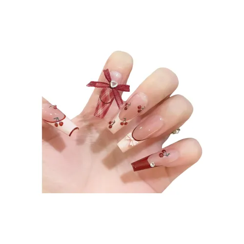 XIAMEIYU Вишня Ручной Работы Кожа Ухаживающий Французский Бант Арт Ногтей 30MM Фальшивый Ногтей Трапециевидный Красный Размытый Кокетка