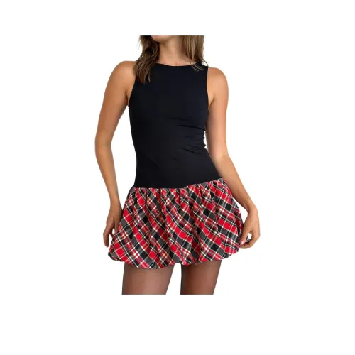 Motel Rocks Ortega Мини Платье In Черный с Диагональным Клетчатым Красным Без рукавов Платье Женское