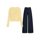 Комплект одежды (Желтый кардиган + топ на бретелях + джинсы)