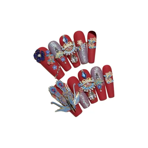 Yun Yue Joe Ten Li Красный Красота с Феникс Корона And Красный Veil False Nail Длинный Заостренный Мягкий Однотонный Flashing 30MM