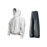 Белый Фотиния Серый Свитшот + Винтаж Синий Утолщенные и с Флисовой Подкладкой Джинсы