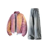 Красный топ в клетку + синие штаны