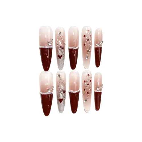 YUNYUEQIAO Французский Блестящий Искра Вино Пятно Коньячный False Nail Длинный Заостренный Бургунди Градиент