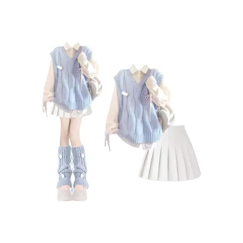 ONENINE34PM Жилет + Шнурок Рубашка + Белая Плиссированная Юбка Комплект из Трех Предметов Женские Юбочные Комплекты