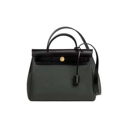 HERMES Herbag Zip Officier Canvas с Hunter Коровья кожа Сумка Женские Зеленый Черный