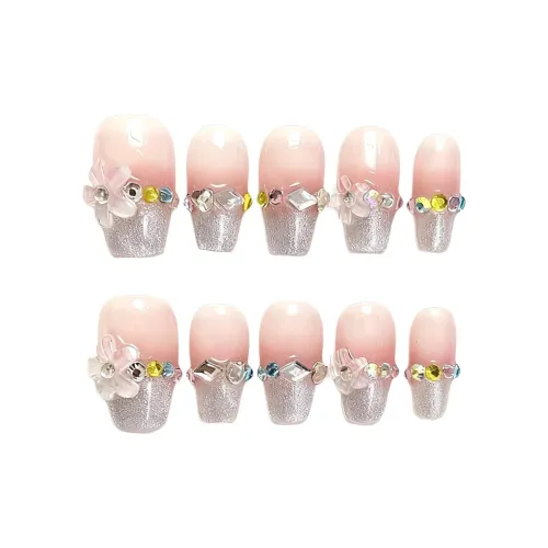 YUNYUEQIAO Aurora Diamond Ice Flower Therapy Nail Съемный Brightening False Nail Short LADDER Nude Gradient
