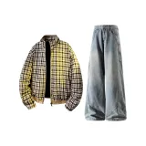 Топ хаки в клетку + синие штаны