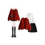 [Трехкомпонентный комплект] Красный свитер + белая рубашка + юбка с оборками