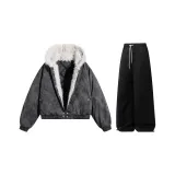 Комплект (Тай-дай серый топ + черные штаны с флисовой подкладкой)