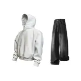 Белый Фотиния Серый Свитшот + Черные Утепленные Джинсы из Флиса