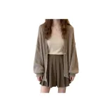 Серый кардиган, кофейная майка, овсяная юбка