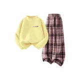 [Утолщенный и с флисовой подкладкой] Di-Длинный Металлический Этикетка K Теплый Желтый + Однотонный Розовый Клетка