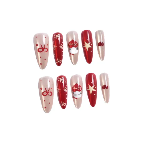 T Z Премиум Красный Звезды Бант Кошачий глаз False Nail Миндаль MID Длина (размер в длину) Телесный Смудж