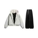 Комплект (Светло-серый топ + Черные штаны с флисовой подкладкой)