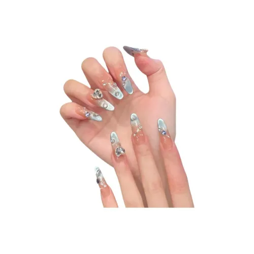 OUYUJI Ручной работы Морская соль Ледяной синий Прозрачный Сверкающий Кошачий глаз Роскошь False Nail Готовый товар