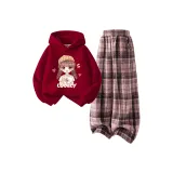 [Thickened и с флисовой подкладкой] Кролик Hug Девушка Бургунди + Однотонный Розовый Клетка