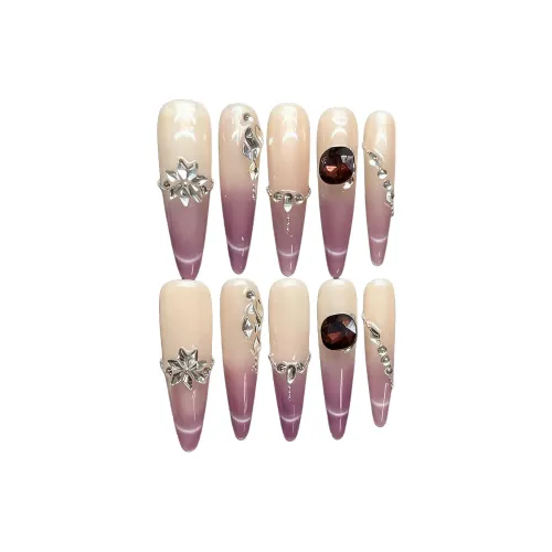 Yun Yue Joe Минималистский стиль Премиум Pearl Colored Diamond Handcrafted False Nail Pointed Type Фиолетовый градиент Flashing
