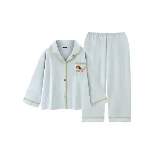 QTUR Синий Xisi Щенок Отложной воротник Кардиган Женские Пижамные комплекты