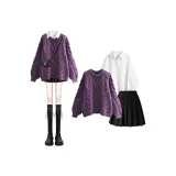 [Трехкомпонентный комплект] Фиолетовый свитер + белая рубашка + юбка с оборками