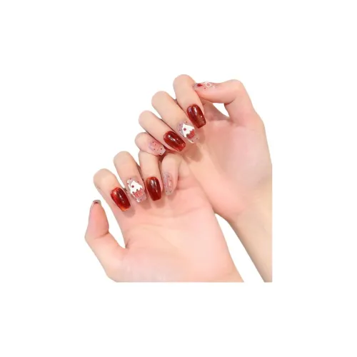 Yun Yue Joe Клубничный торт Handcrafted False Nail Короткий Трапеция Короткий Трапеция Овал. Красный Jump Цвет Милый 15мм