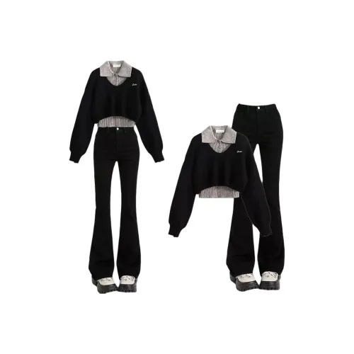 ONENINE34PM Трикотажная ткань Свитер+Майка+Джинсы Женские Комплекты с юбкой