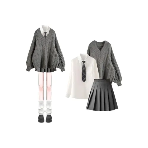 ONENINE34PM Свитер + Рубашка + Темно-серая Юбка [Трехкомпонентный Набор] Женские Юбочные Комплекты