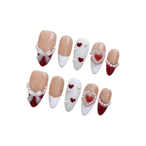 Yun Yue Joe Ручной стиль Instagram стиль Бант Ручной рисунок Премиум Кошачий глаз False Nail Миндаль Красный Градиентный Французский