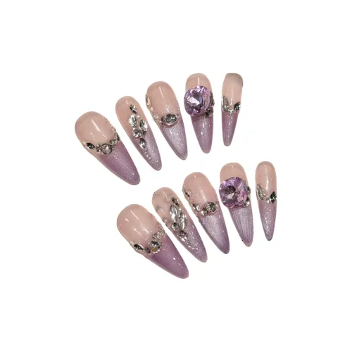 Yun Yue Joe Французский Crushed Стразы Бабочка Сердце False Nail Миндаль Длинный Фиолетовый градиент Flashing