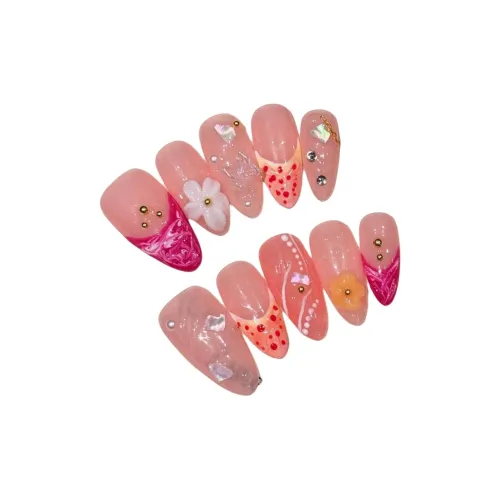 Yun Yue Joe Western False Nail Almond Short LADDER Peach Red Gradient Cute