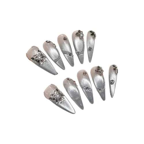 Yun Yue Joe Серебряный Кошачий глаз Прозрачный Осветляющий Кисточка с Туманно-фиолетовым Цветом False Nail Заостренный Тип Синий Градиент